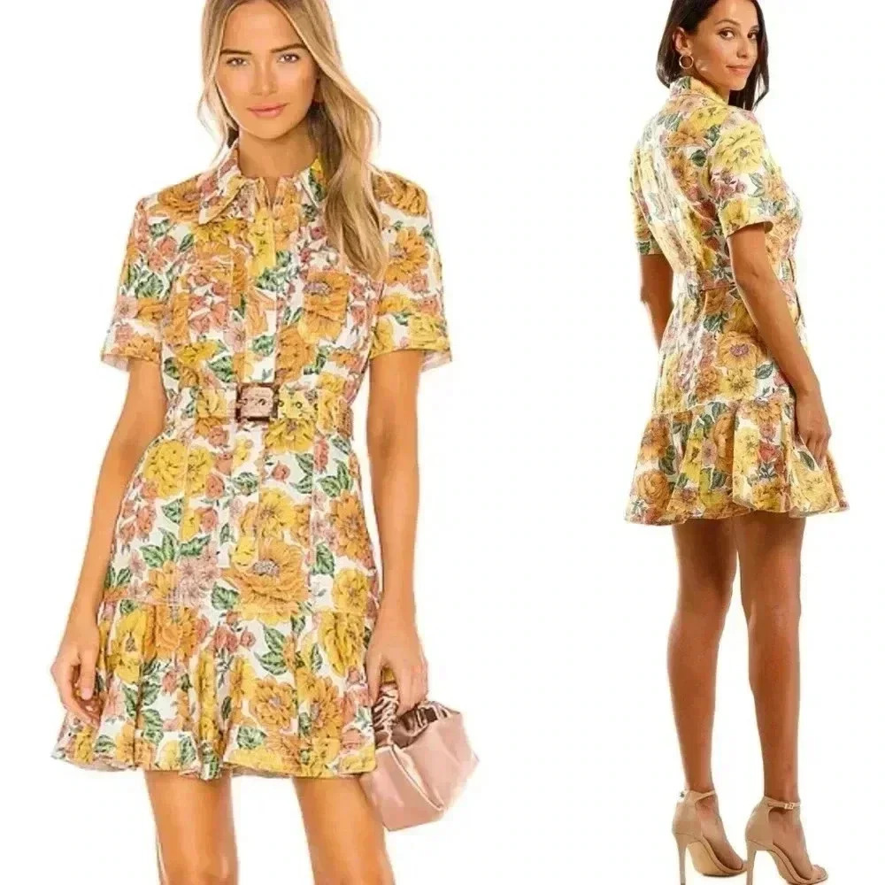 Zimmermann Poppy Belted Mini Dress 0 US4 Linen Short Sleeve Floral Shirt Dress